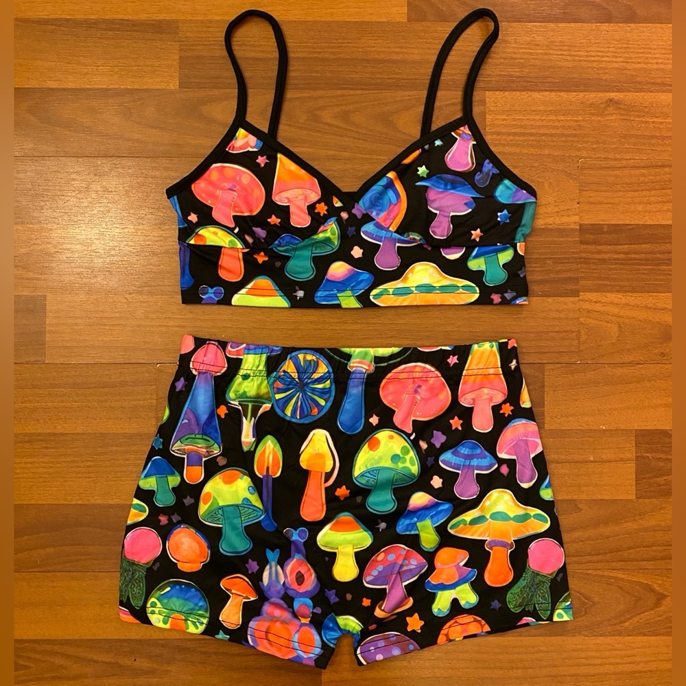 UV Reactive Neon Mushroom Bra Top & Shorts Set